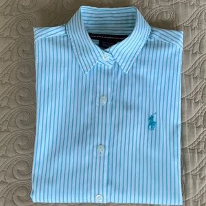 Women's Ralph Lauren Sport Teal & White Striped Short Sleeve Shirt / Size 4